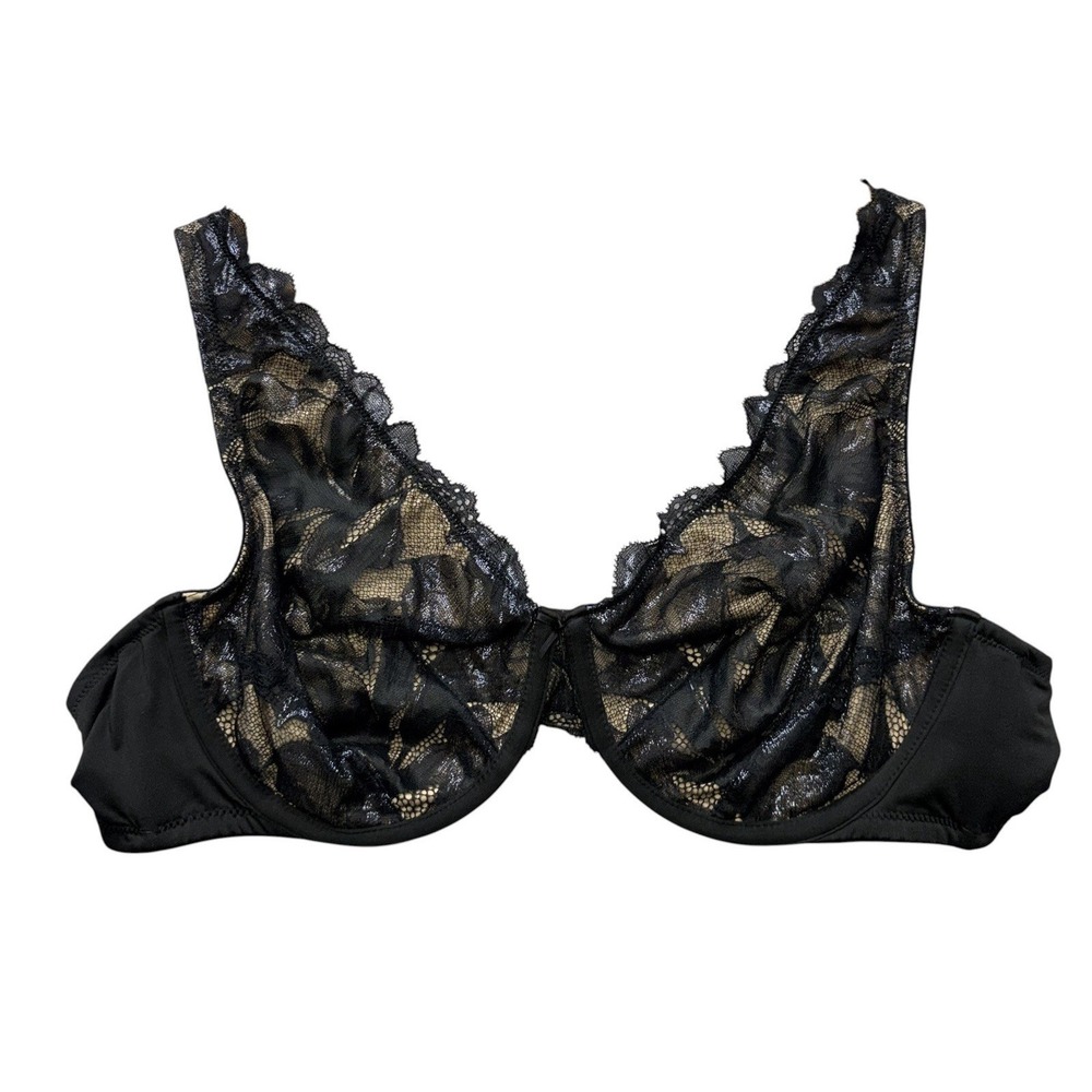 Cacique Womens Bra 44C Black Lace Unlined Full Coverage Underwire
